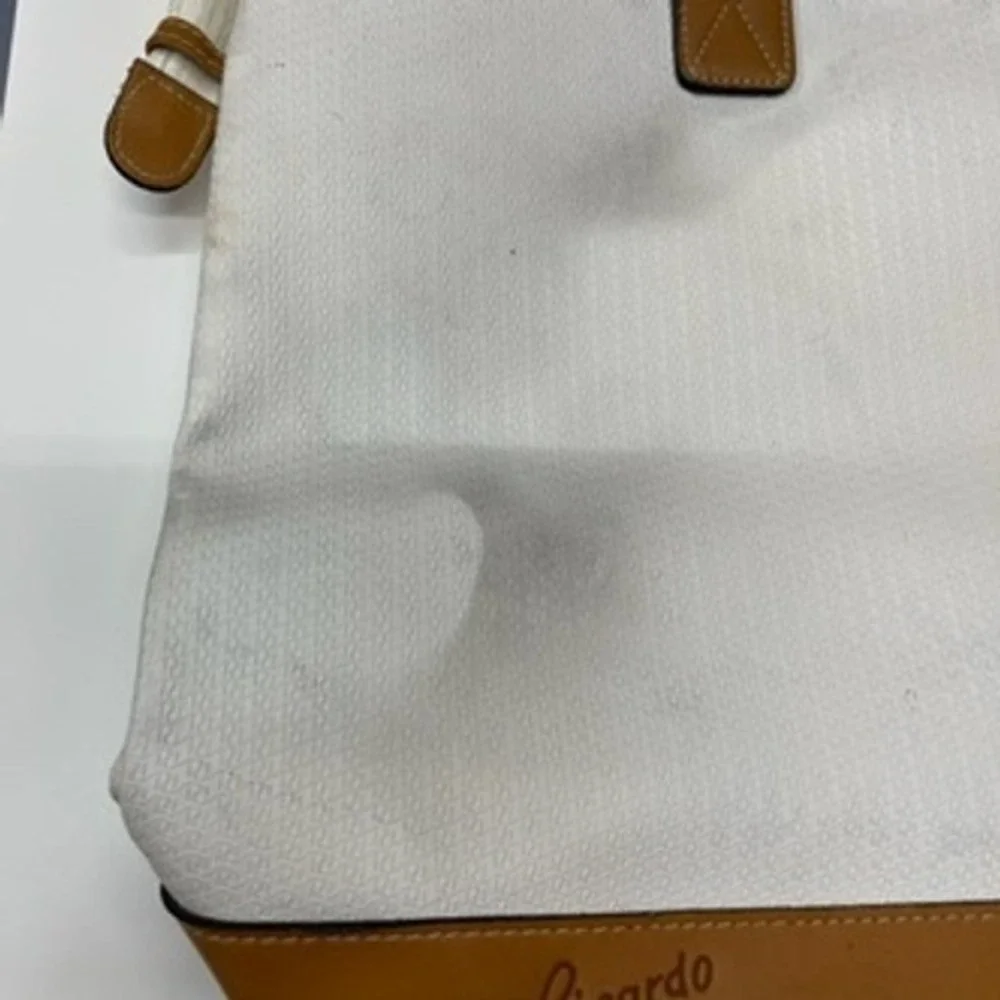Ricardo Beverly Hills Vintage Tote Bag White Tan‎ Leather Trim Large Travel Zip